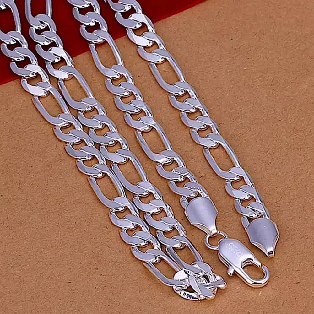 SILVER CUBAN FIGARO CHAIN LINK NECKLACE + BRACELET STERLING STMP .925 SET